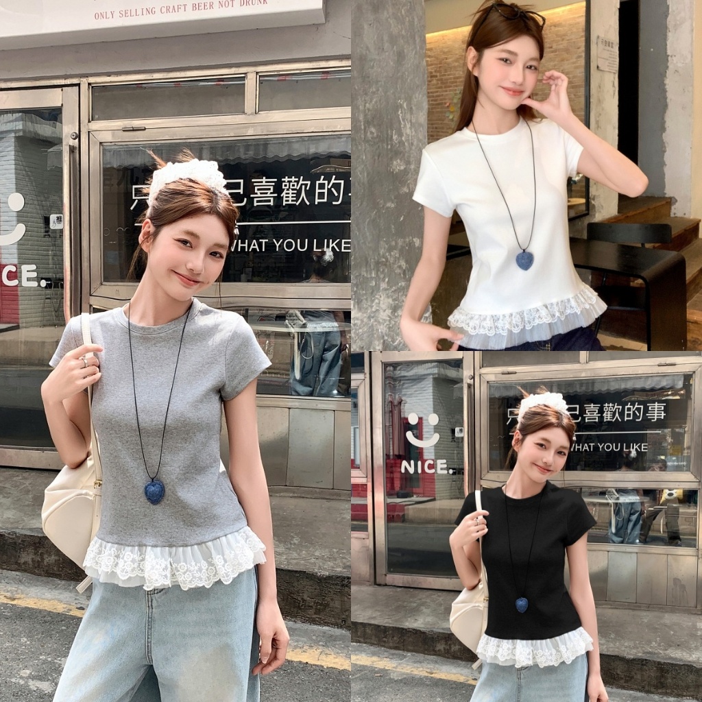เสื้อยืดคอกลมแขนสั้นผู้หญิง เย็บลูกไม้ สไตล์เพียวดีสรีระ ผ้าฝ้าย