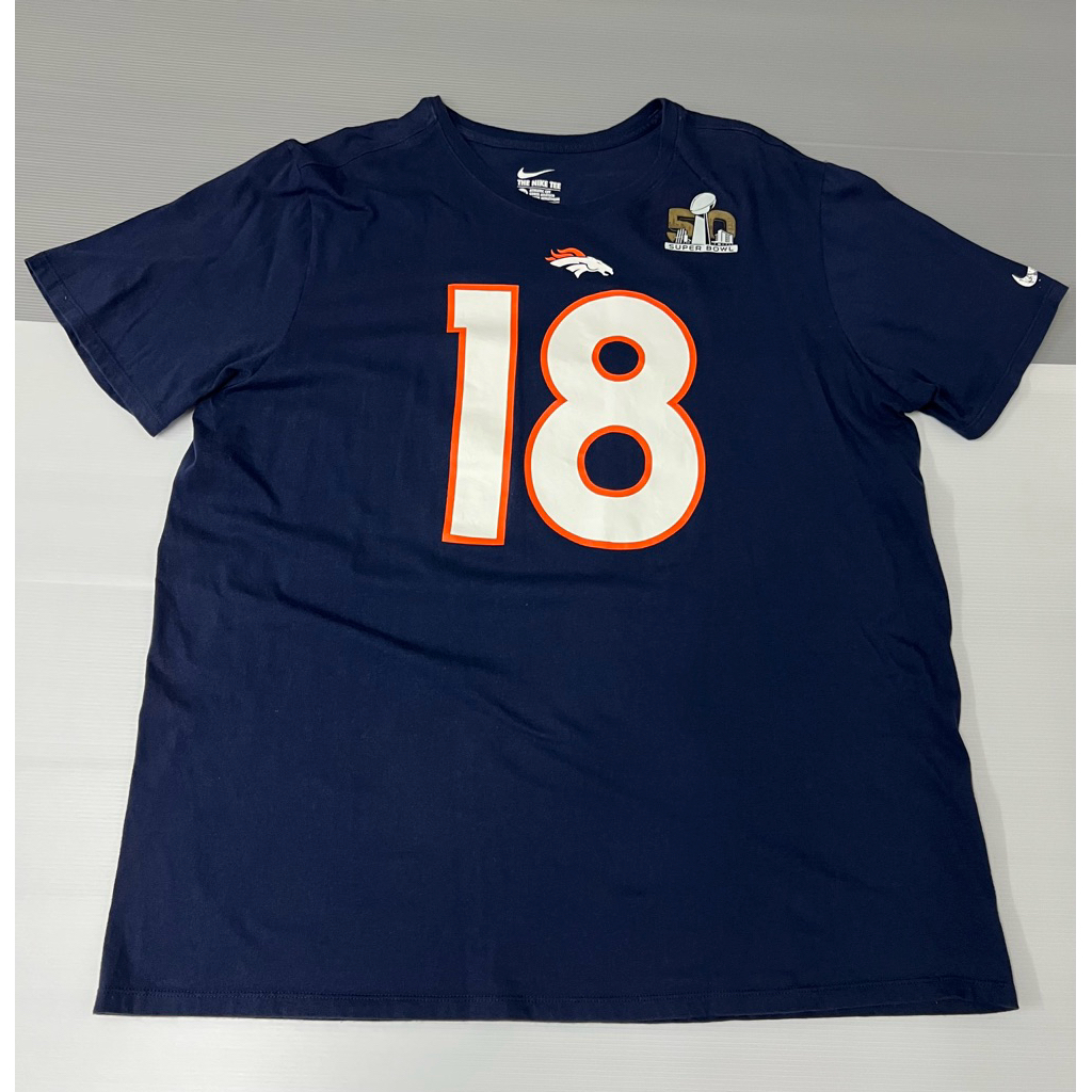 เสื้อยืดของแท้ (มือสอง) ทีมอเมริกันฟุตบอล D. Broncos เบอร์ 18 Peyton Manning Size XXL สีกรม ใช้สำหรั