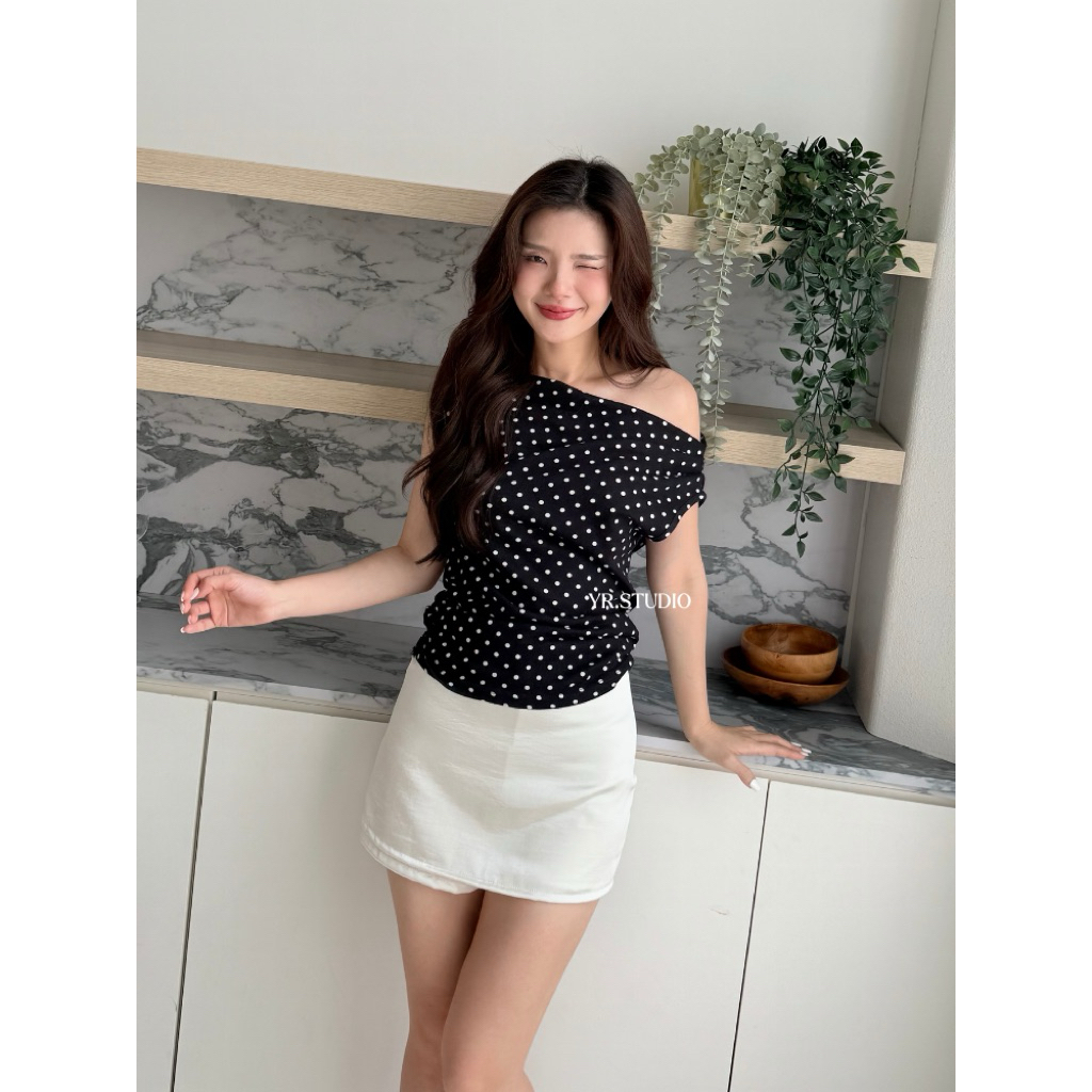 พร้อมส่ง Stella Dot Blouse เสื้อปาดไหล่แต่งลายจุด polkadot คอตตอลเนื้อนิ่มยืดใส่สบายผ้าคอตตอลพรีเมียม - รูปที่ 2