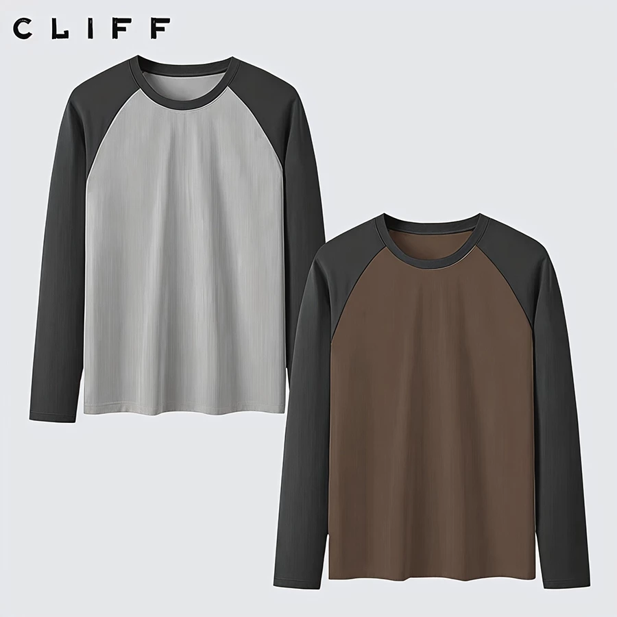 CLIFF เสื้อยืดแขนยาว เสื้อคอกลม การต่อสี แฟชั่นที่เข้าได้กับทุกสไตล์ เรียบง่ายและสะดวกสบาย