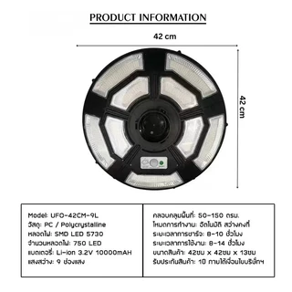 ไฟโซล่าเซลล์ สว่างยันเช้า UFO 100,000w 9ช่องไฟ 750LED. พลังงานแสงอาทิตย์100%