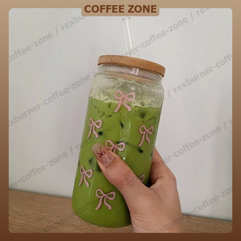 【สินค้าพร้อมส่ง】แก้วน้ำมีฝาปิด แก้วกาแฟ 400ml ลายโบว์ แก้วเครื่องดื่มเย็น มีฝาไม้ แก้วใส่กาแฟ พร้อมหลอด สำหรับร้านกาแฟ