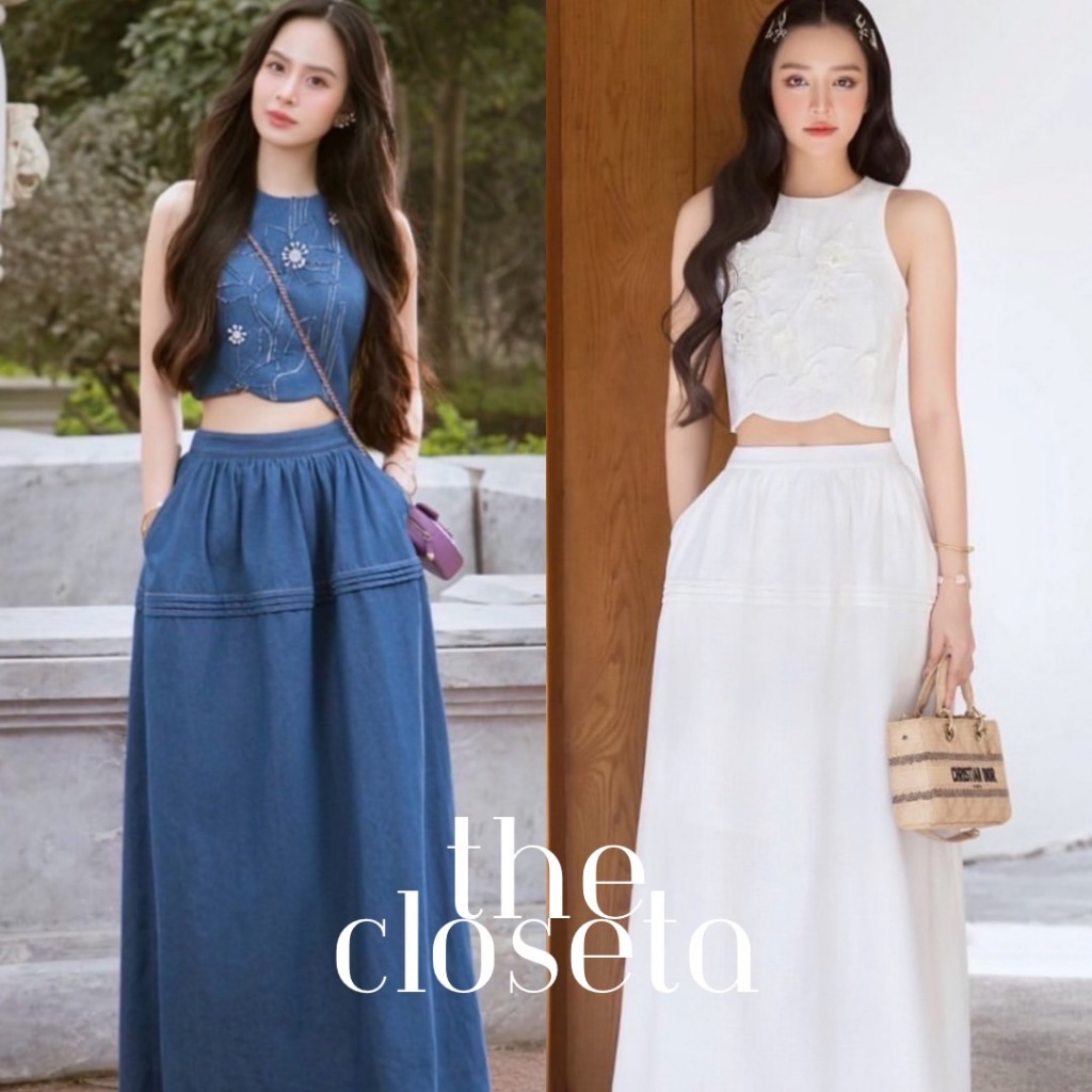 THE CLOSETA : (พร้อมส่ง) LB500 ชุดเซ็ทเสื้อยีนส์แขนกุดปักดอกไม้+กระโปรงยาวเอวสูงทรงสวย