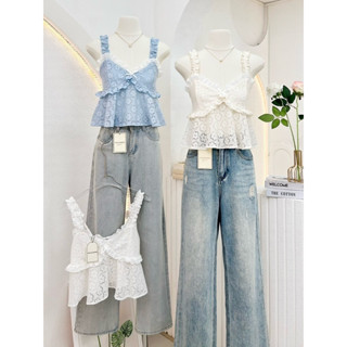 NN679 เสื้อสายเดี่ยวผ้าลูกไม้ฉลุ แต่งลูกไม้อก Peekanong🌷