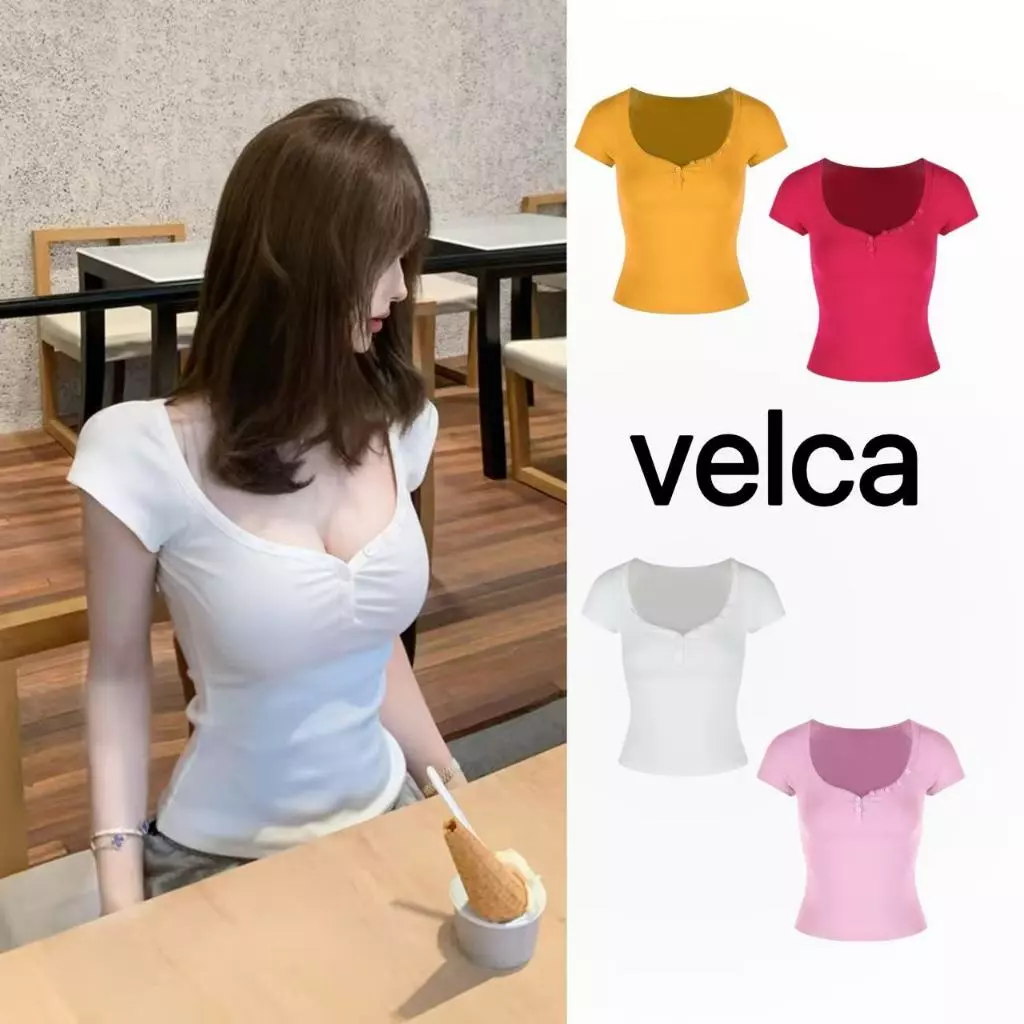 Velca เสื้อรัดรูป เสื้อน่ารักผู้หญิง แขนสั้นรัดรูปเซกซี่ สีพื้น 4สี ผ้ายืดรูปทรงสวย สไตล์เกาหลี