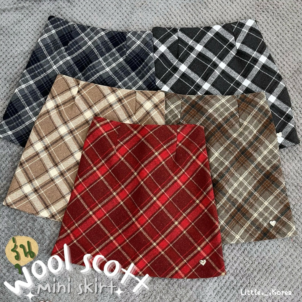 ทรงเอไหมพรม{รุ่น Wool Scott} เอว24”-30” ลายสก็อต Mini Skirt มีซับกางเกงด้านใน