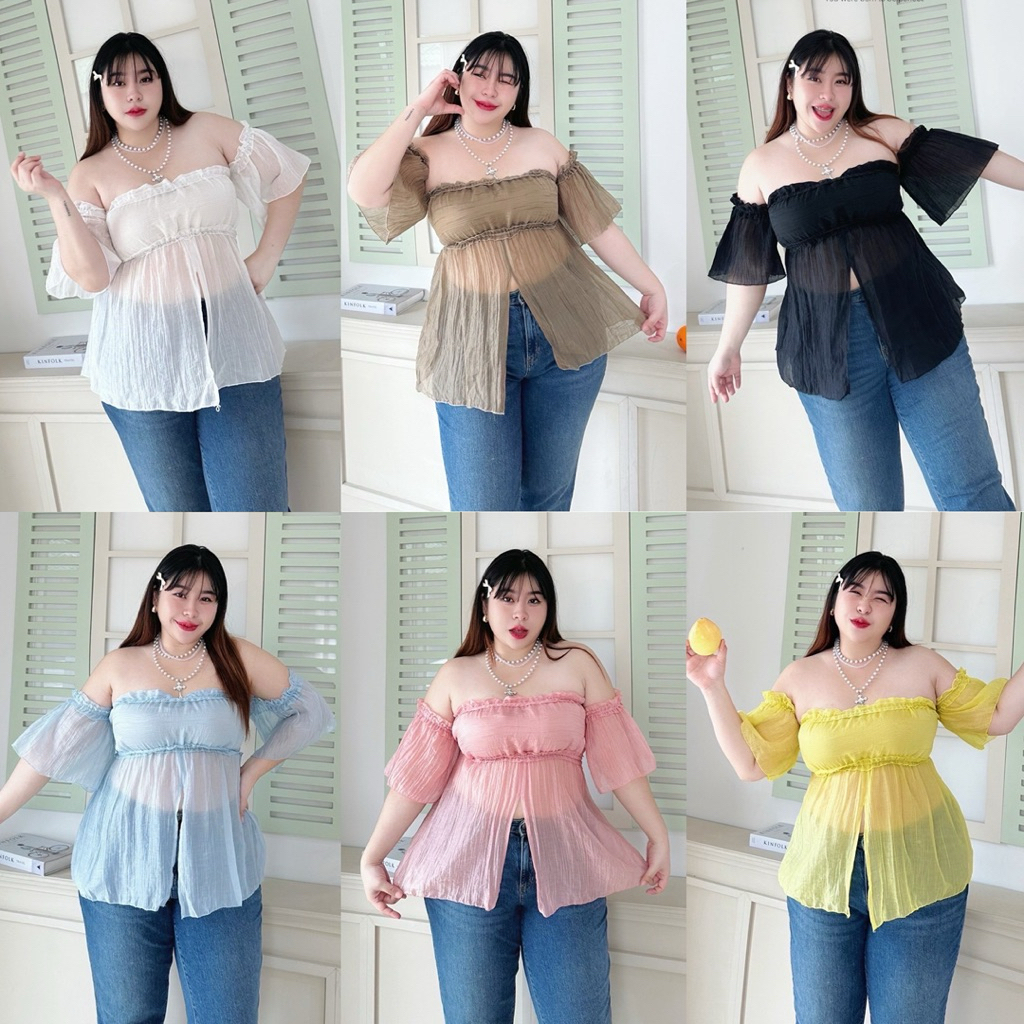 /BP/ เสื้อสาวอวบ มีไซส์อก38-60 ปาดไหล่ทรงเกาะอก แต่งระบาย น่ารักมาก #เสื้อไซส์ใหญ่ พลัสไซส์