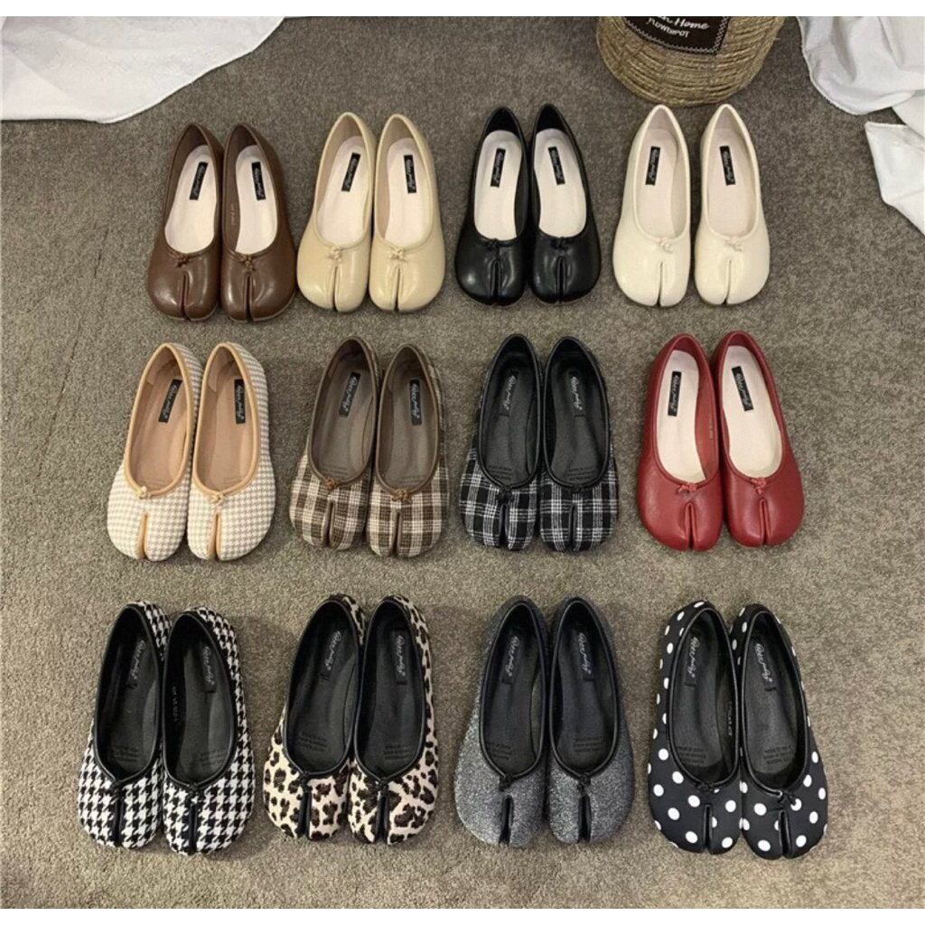 รองเท้าแฟชั่นทันสมัย ผู้หญิง trbottomy split-toe รองเท้า retro ลายสก๊อต แฟลตแฟชั่นแกะ trotters scoop