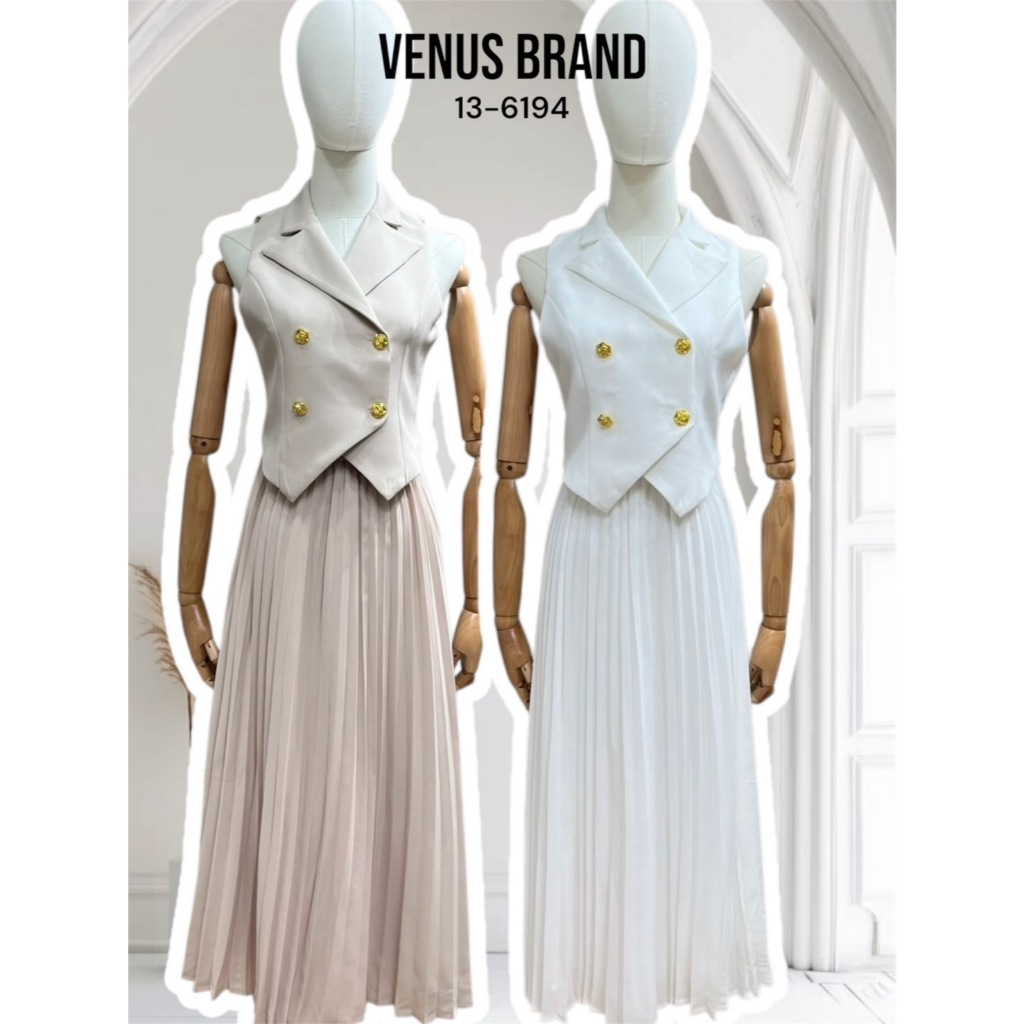 VN 13-6194 VENUS ชุดเซท 2 ชื้น เสื้อเบเซอร์แขนกุด คอปก แต่งกระดุมสีทองใช้งานได้จริง  มาพร้องกระโปรงย