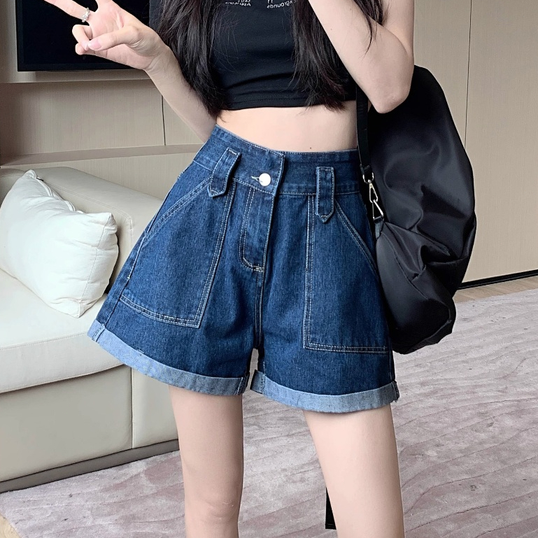 GHAOHES กางเกงยีนส์ขาสั้นหลวมปลายขาม้วนทรงเอ เอวสูงกระบอกใหญ่ ตัวเล็ก กระเป๋ารูป