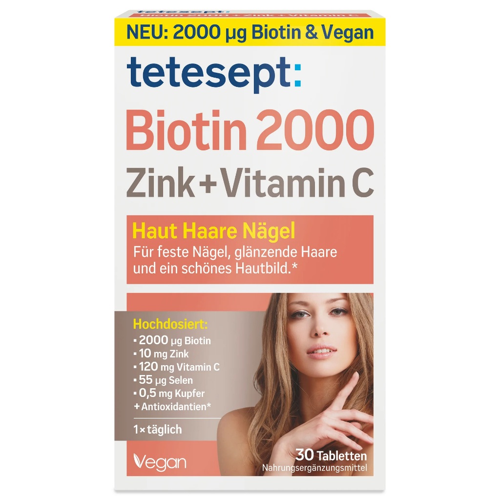 ผลิตภัณฑ์บำรุงผมและเล็บ tetesept biotin 2000 zink vitamin c 30เม็ด EXP.10\2027 เพื่อเล็บที่แข็งแรง ผมเงางาม และผิวสวย