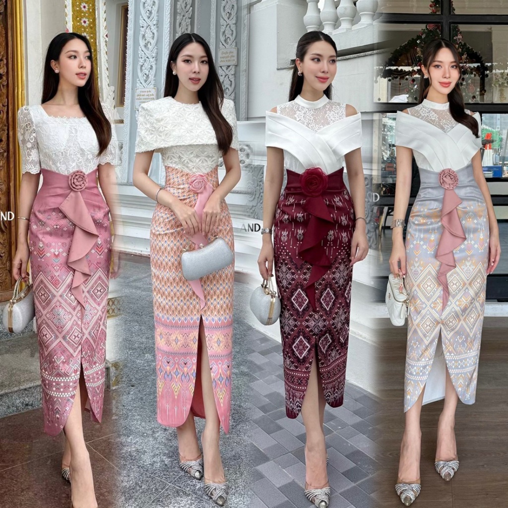 S-XL เซต2ชิ้น ชุดไทยประยุกต์ใส่ทำบุญเสื้อสีขาว + ผ้าถุงลายไทย สีเทา,แดง,ชมพู สวยๆ #Athena #LoveShop