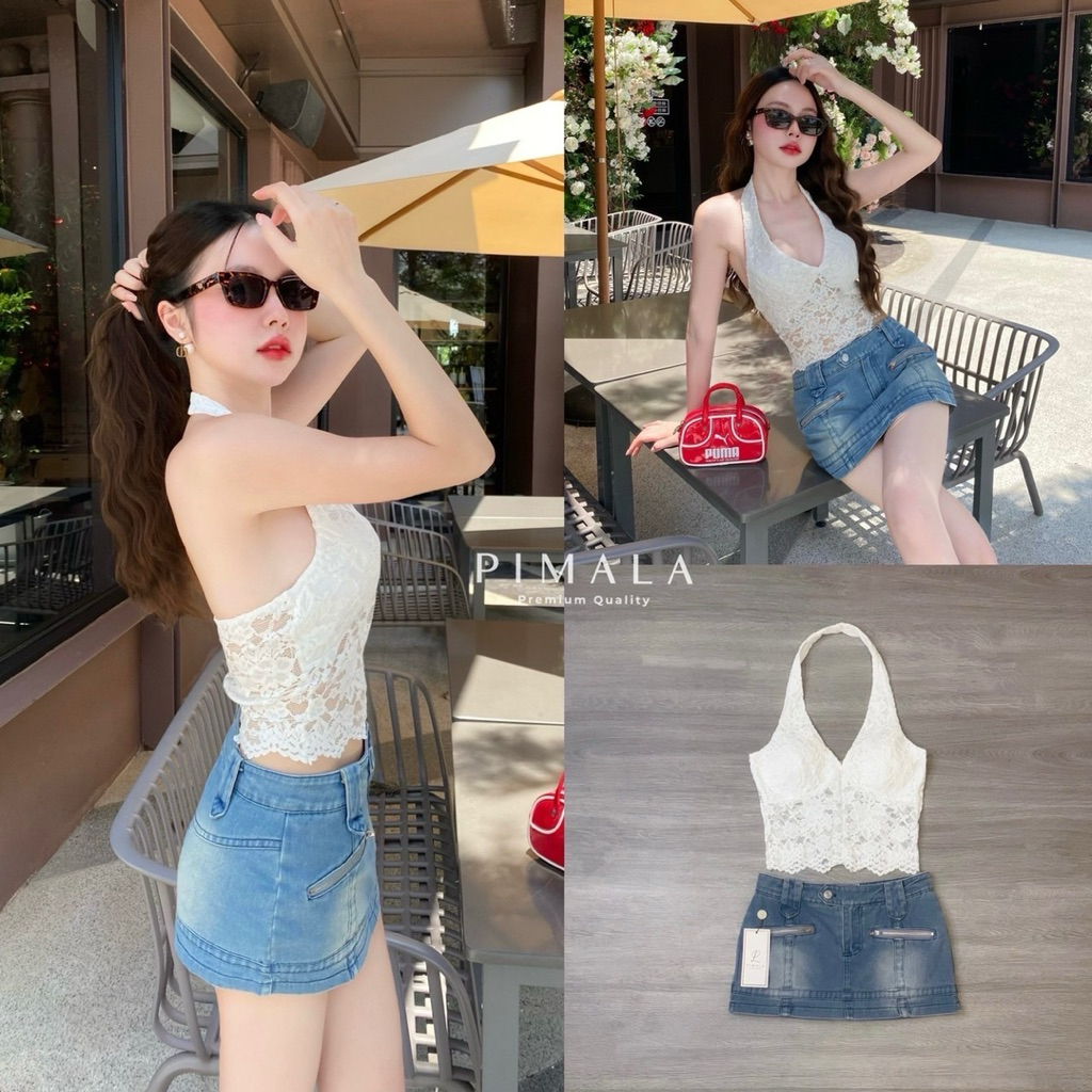 pimalaเซ็ทลูกไม้กระโปรงยีนส์