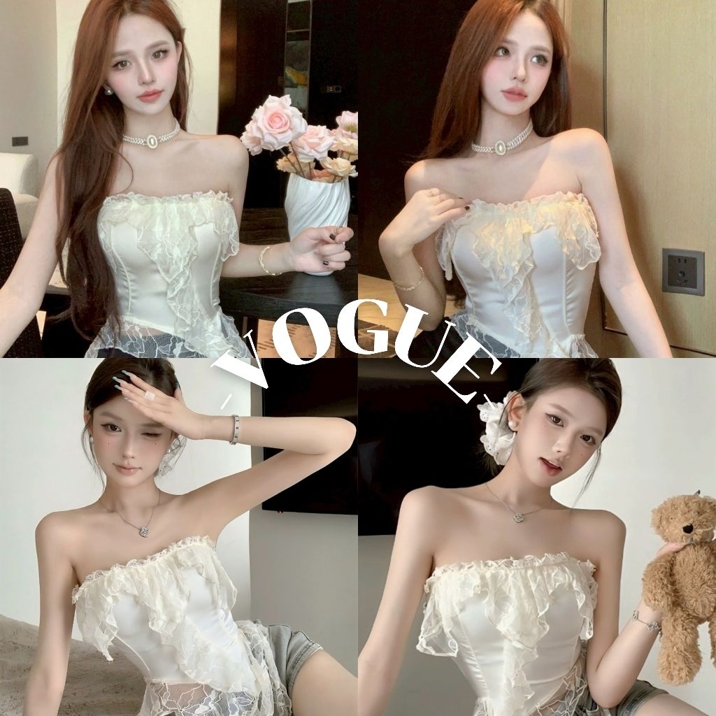 Vogue พร้อมส่ง  เสื้อเกาะอก แต่งซีทรู ปลายแต่ง มีฟองน้ำ (FY9079)