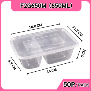 (50ชุด/แพ็ค) กล่องพลาสติกใส่อาหาร 2 ช่องพร้อมฝา วัสดุPP Food Grade เข้าไมโครเวฟได้ รุ่น F2G สีใส ขนาด500,650,750,1000ML