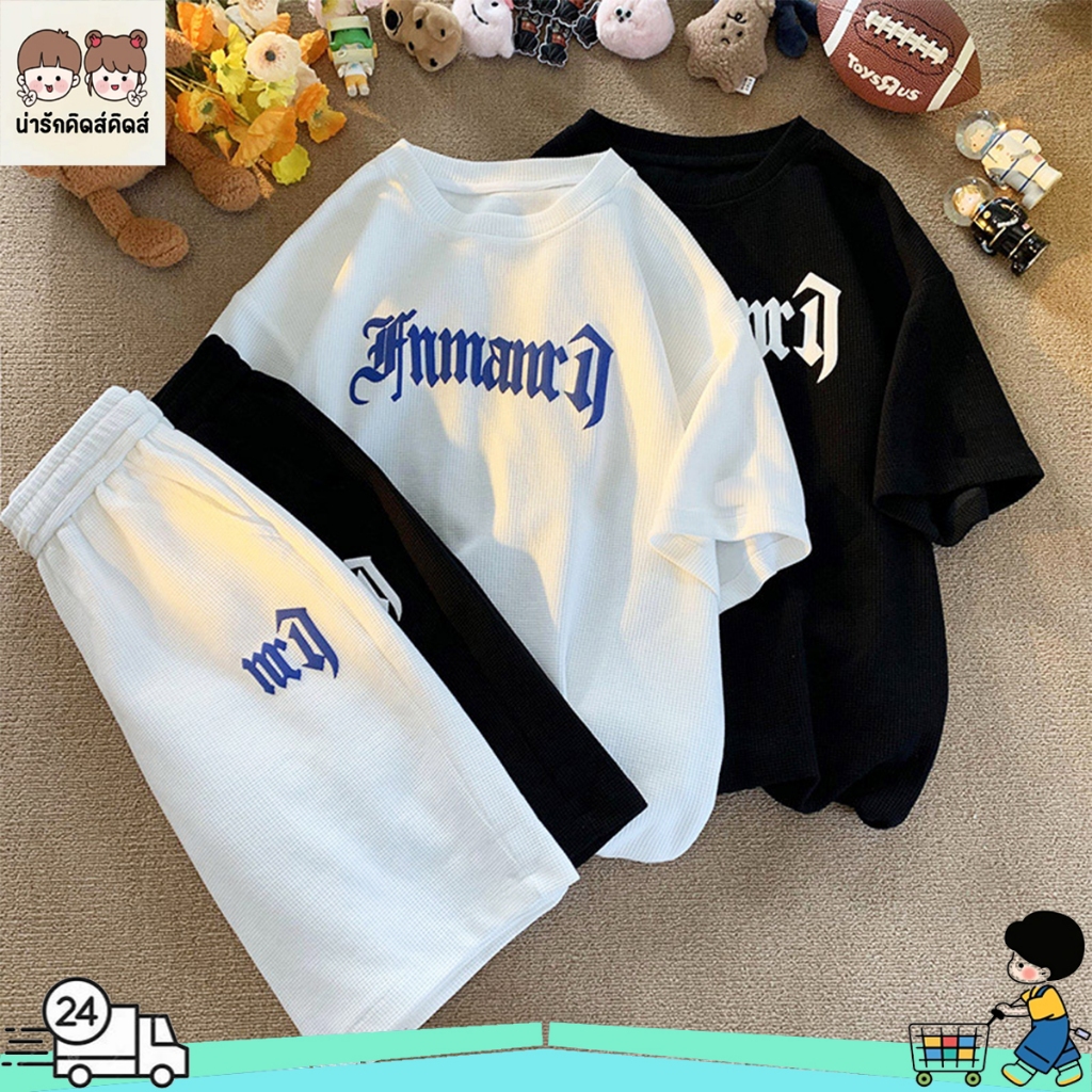 ชุดเด็กชายแขนสั้น เสื้อยืด + กางเกงขาสั้น ลายพิมพ์ตัวอักษร กีฬา ระบายอากาศดี