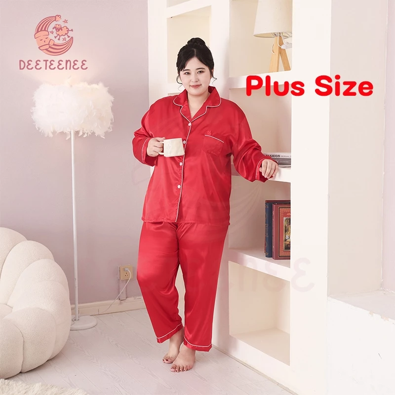 deeteenee ชุดนอนสีพื้น ชุดนอนผู้หญิง Plus Size ชุดนอนคู่ ชุดนอนบิ๊กไซส์ แขนยาว+ขายาว ผ้าซาติน ผ้าเย็นใส่สบาย