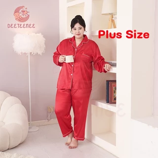 deeteenee ชุดนอนสีพื้น ชุดนอนผู้หญิง Plus Size ชุดนอนคู่ ชุดนอนบิ๊กไซส์ แขนยาว+ขายาว ผ้าซาติน ผ้าเย็นใส่สบาย
