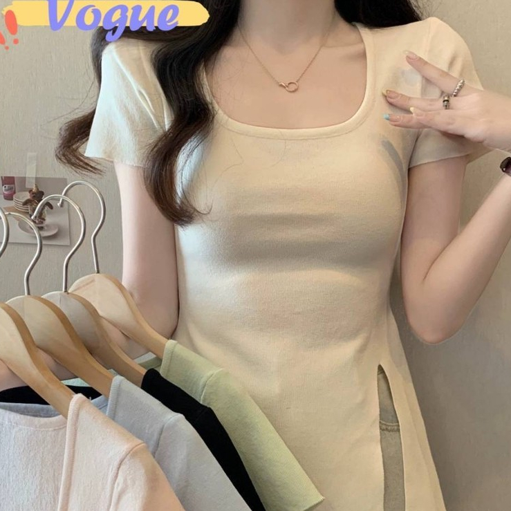 Vogue🌟พร้อมส่ง🌟 เสื้อยืดไหมพรมแขนสั้น คอกลม ดีเทลแหวกข้าง ทรงรัดรูป (D113)