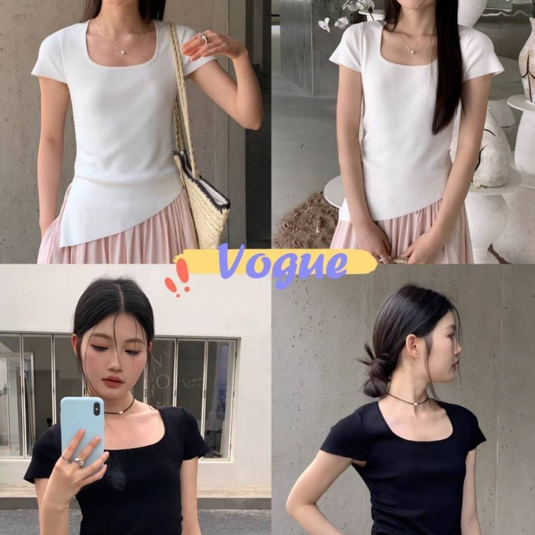 Vogue🌟พร้อมส่ง🌟 คอเหลี่ยมแขนสั้น แขนสั้นไม่สม่ำเสมอ ทันสมัยและเก๋ไก๋  (YR042)