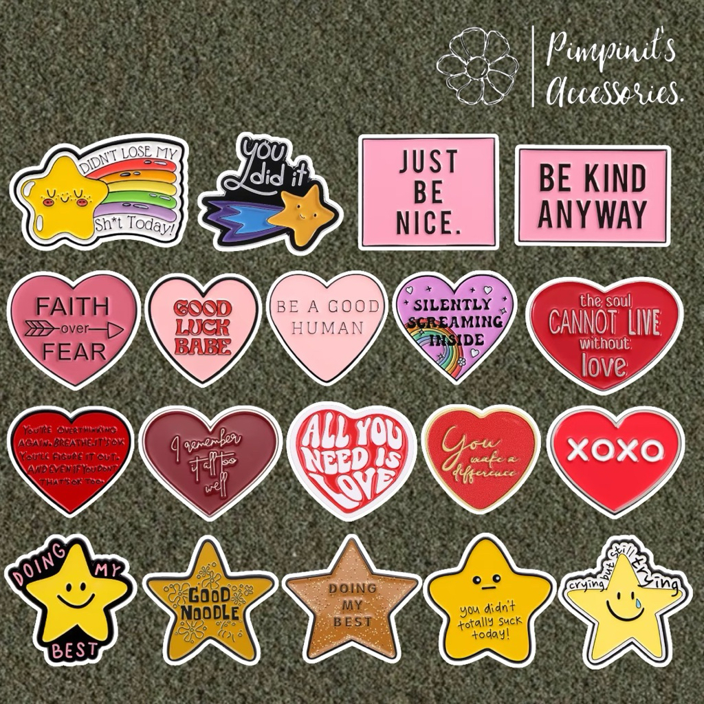 ✿ ร้านในไทยพร้อมส่ง : เข็มกลัดเซ็ทข้อความรูปดาวและหัวใจ | TEXTS WITH STAR & HEART Enamel Brooch Pin Set.