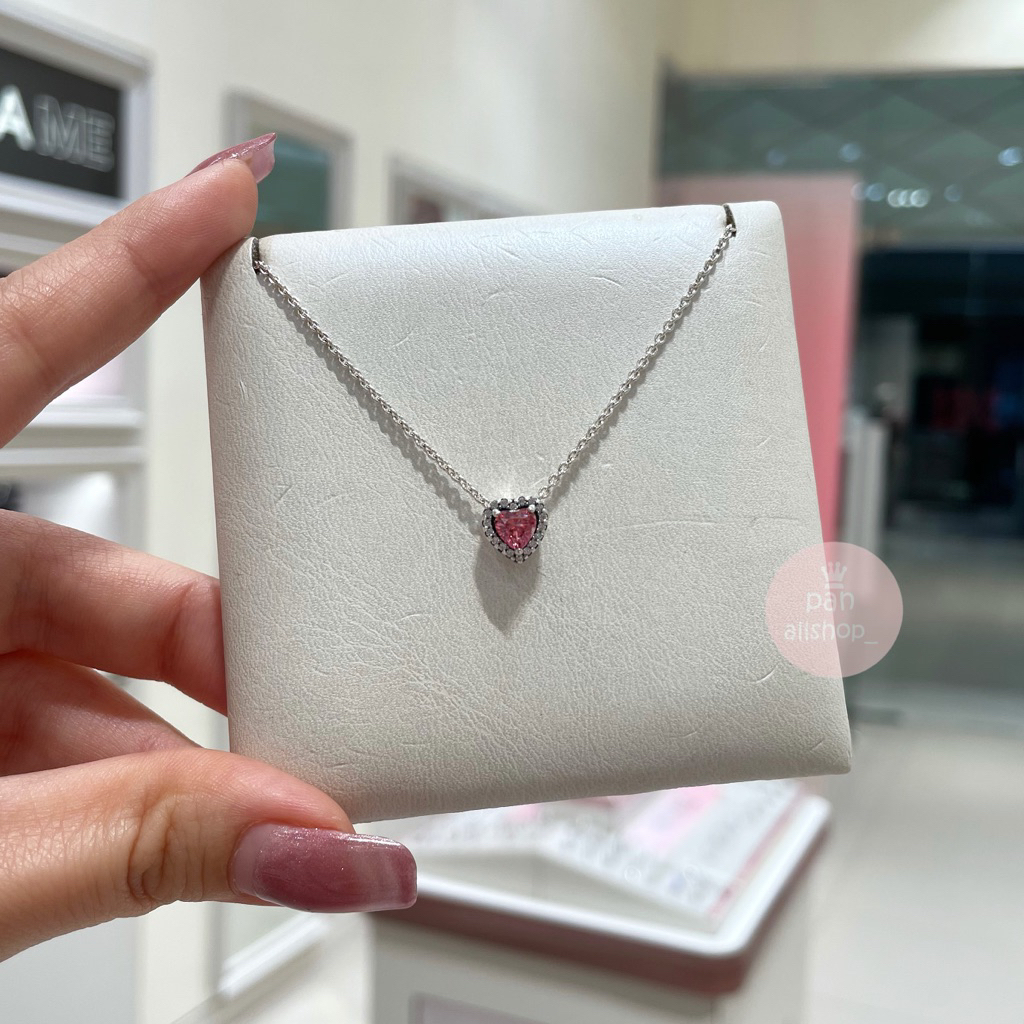 (ของแท้100%)❣️แถมกล่องถุง Pandora Pink elevated heart สร้อยคอหัวใจเพชร ชมพู ยาว45cm.