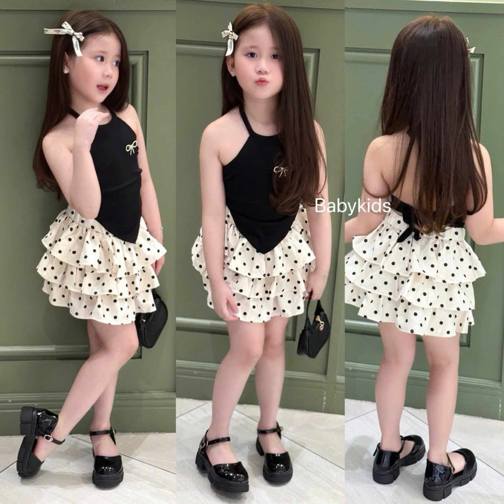พร้อมส่ง ชุดเซตเด็กผู้หญิงคล้องคอ กระโปรงระบานชั้นๆ เข็มกลัดโบว์จริง น่ารักมาก