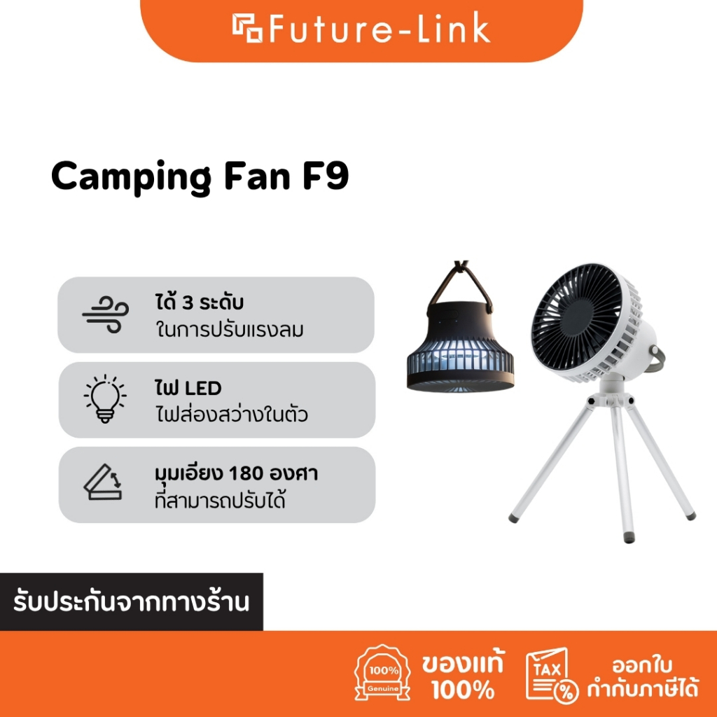 พัดลมพกพา ใช้กลางแจ้ง แคมป์ปิ้ง วางตั้งปรับเอียงได้ 180 องศา ปรับลมได้ 3 ระดับ มีไฟLedในตัว