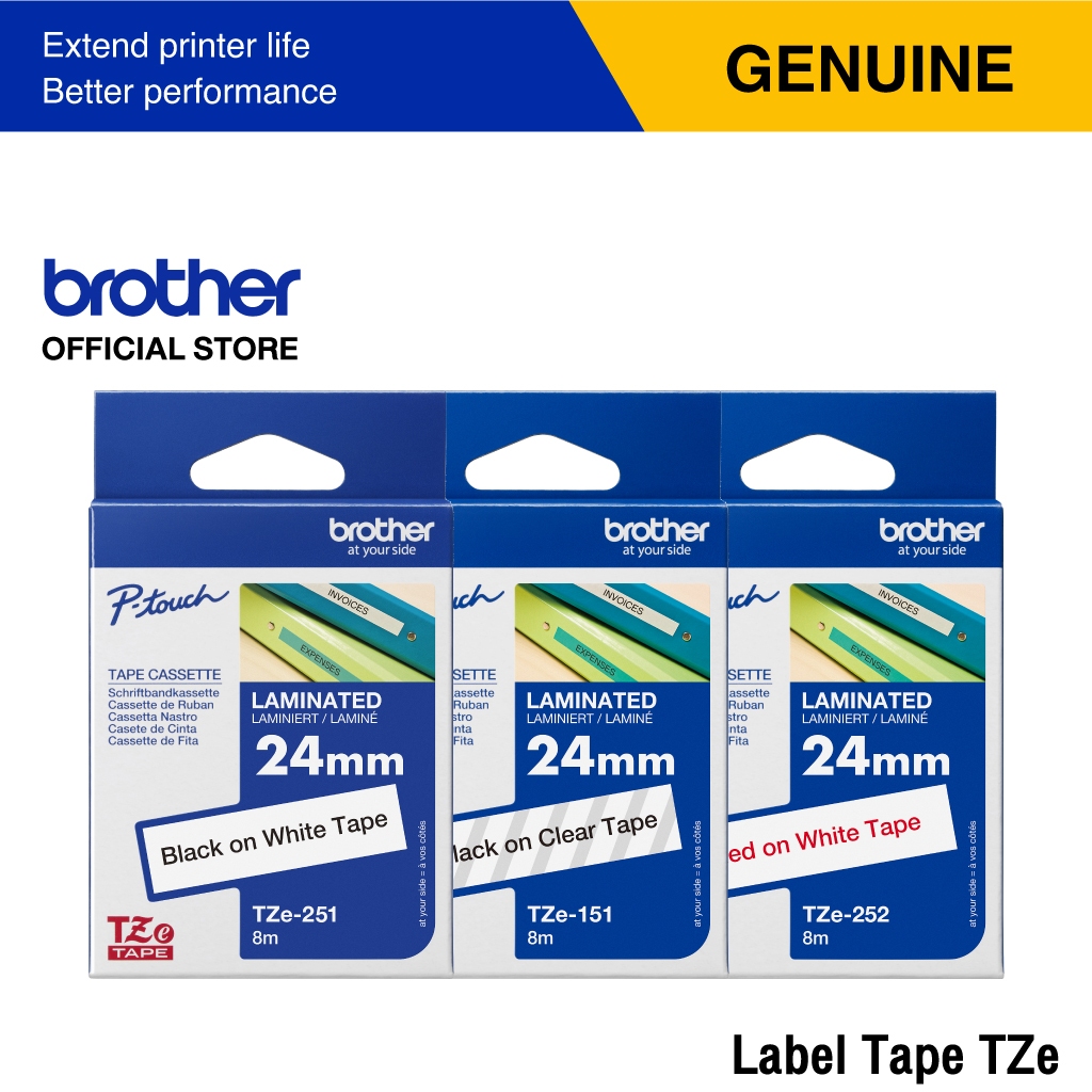 Brother Label Tape TZE เทปพิมพ์อักษร เคลือบพลาสติก เคลือบลามิเนต ขนาด 24 มม. | เทปแท้ กันน้ำ ทนสารเค
