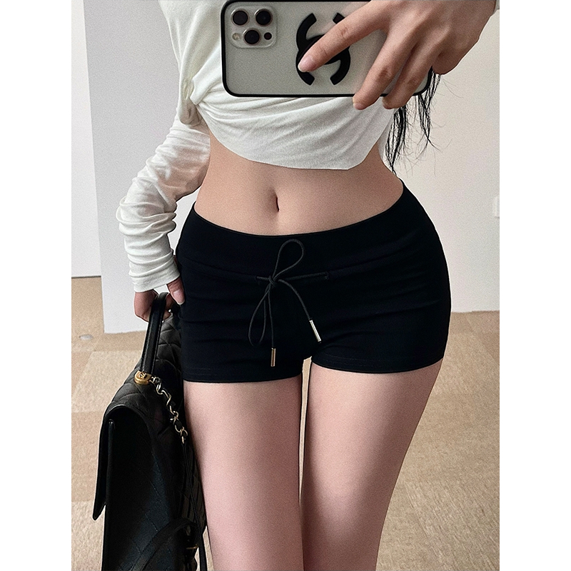 หวานเย็นร้อนๆเซ็กซี่เอวต่ำ Drawstring เอวยางยืดสีทึบกีฬาลำลองกางเกงขาสั้นกางเกงร้อนผู้หญิง#2821