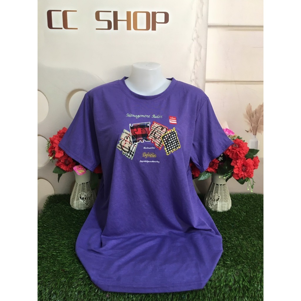 เสื้อยืดสาวอวบ เสื้อแขนสั้นแฟชั่น คอกลม ลายการ์ตูนไซส์ใหญ่ สีพื้น #9239