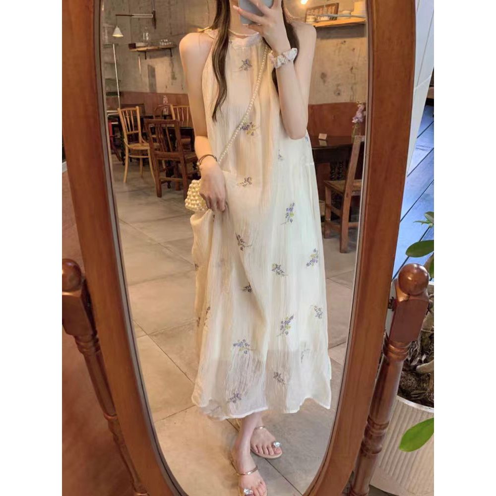 🌙ชุดเดรส,🌙Mori sweet floral แขนกุดสีทึบ A-line กระโปรงยาว（ไม่ใช่แบบปัก）