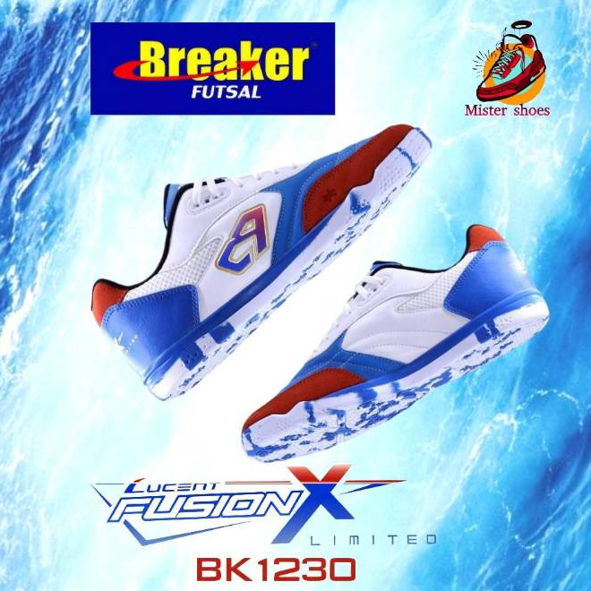 Breaker Futsal รองเท้าฟุตซอล รุ่น BK1230 หนังแท้ น้ำหนักเบา ( สีน้ำเงินขาว 38-44)