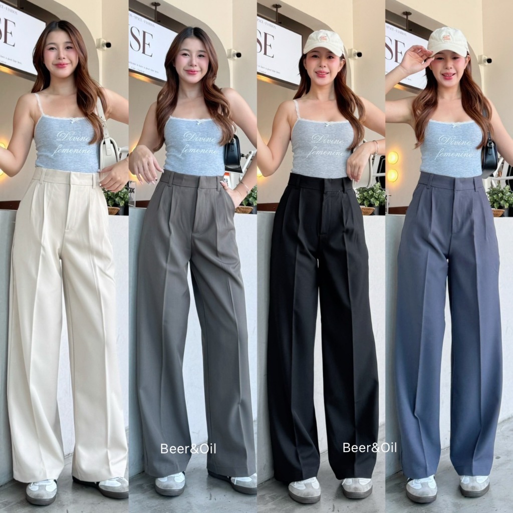B0039 Beer&Oil กางเกงขายาวเอวสูงผ้าไมลี่ตะขอหน้า2จีบ แต่งดีไซน์หูเข็มขัด