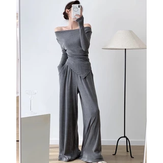 ชุดเซ็ต2ชิ้น สีพื้น / สีดำ เสื้อแขนยาว คอถ่วง จับจีบเอว ชายเสื้อแหลม+กางเกงขายาวยางยืด กระเป๋า2ข้าง #9252