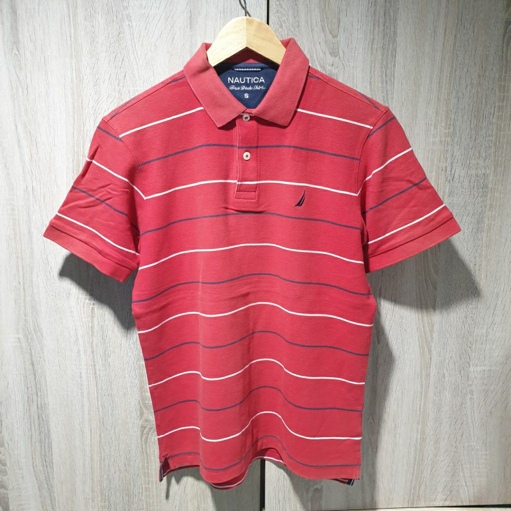 เสื้อคอปก NAUTICA สีแดงตัดขาวกับกรม ของแท้มือสอง