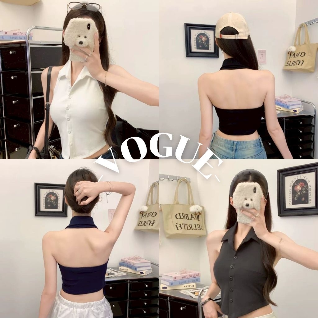 Vogue🌟พร้อมส่ง🌟 เสื้อกล้าม คอกล้ามแขนกุด มีฟองน้ำ ทรงครอปสั้น สีพื้น (FY5529)