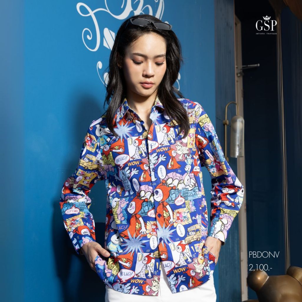 GSP Unisex shirt greenie & elfie comic เสื้อเชิ้ต แขนยาว สีน้ำเงิน PBDONV