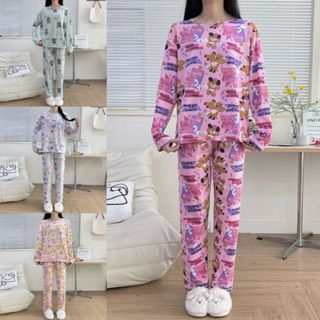 PE ชุดนอนผู้หญิง ชุดนอนเซ็ต เสื้อ+กางเกง เสื้อแขนขายาว ลายกา…