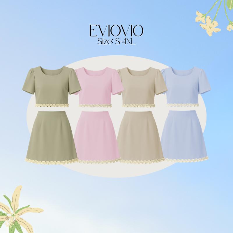 【S-4XL】ชุดเซ็ตแฟชั่นเกาหลี เสื้อครอปคอกลมแมตช์กับกระโปรงสั้นทรงเอ แต่งชายลูกไม้ หวานเรียบหรู