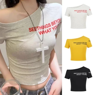 เสื้อยืดเปิดไหล่ เซ็กซี่ใสๆ สไตล์เกาหลี พิมพ์ลาย เข้ารูป เน้นหุ่นผอม เสื้อสั้นแฟชั่น ผู้หญิงฤดูร้อน 2025