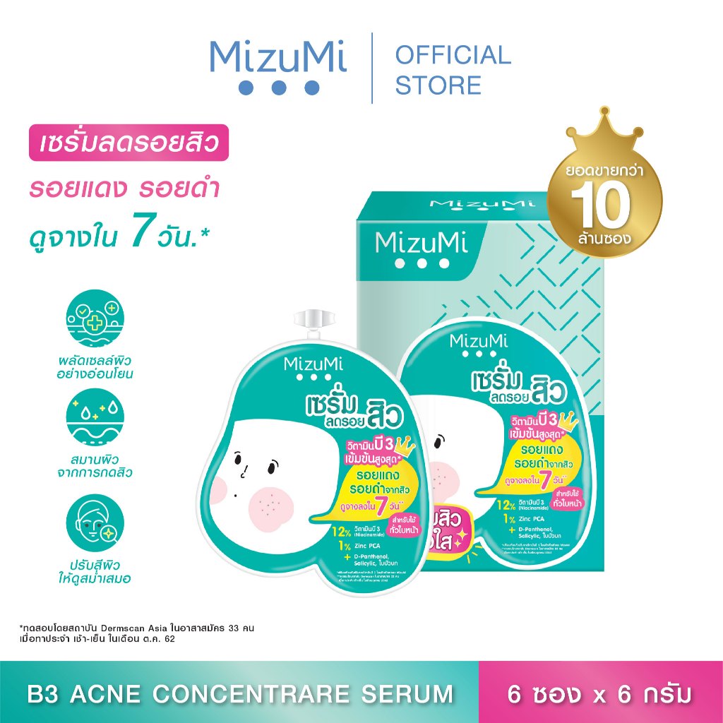 MizuMi B3 Acne Concentrate Serum (6g x 6ซอง)เซรัมลดรอยสิว  ลดรอยแดง ลดรอยดำ ผิวเป็นสิว ผิวแพ้ง่าย