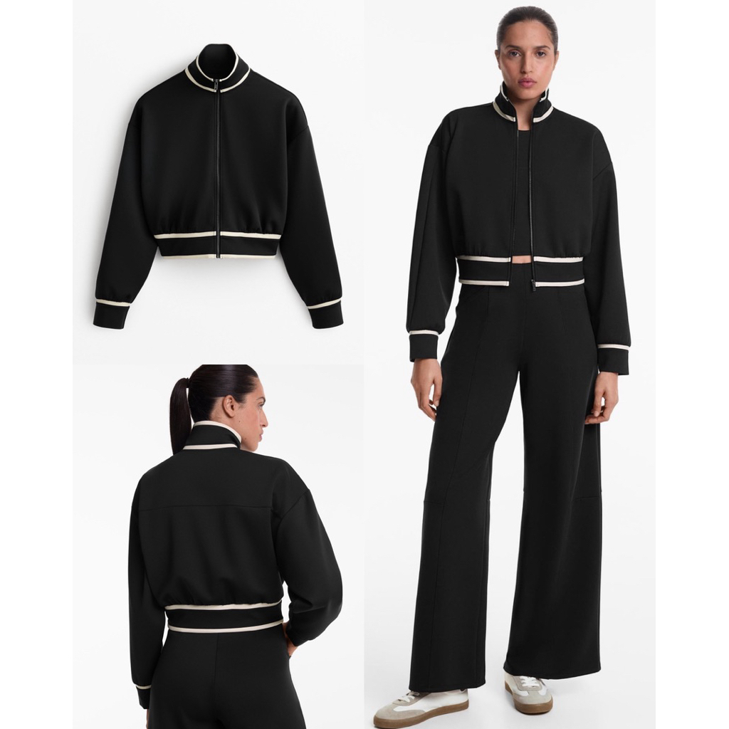 (ของแท้💯) Oysho neoprene-effect jacket เสื้อแขนยาว ซิปหน้า สีดำตัดขอบขาว