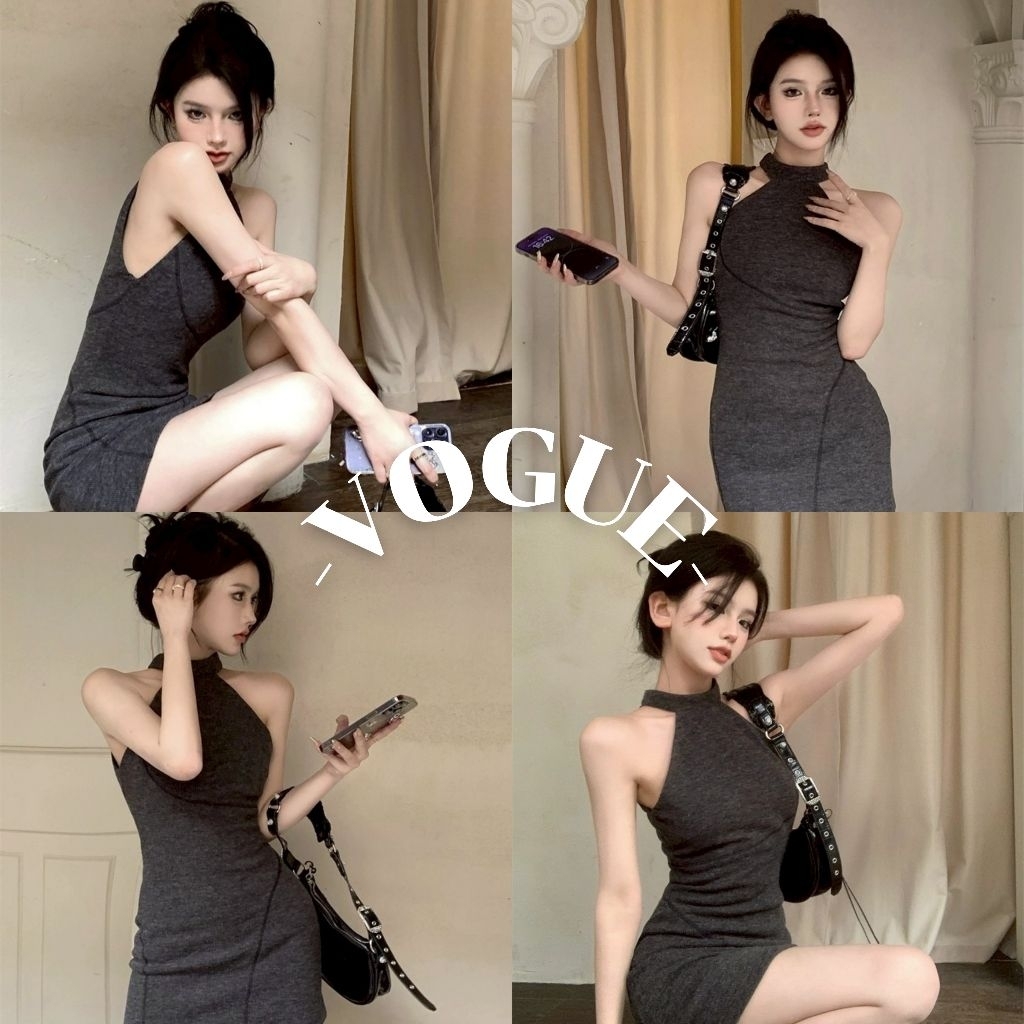Vogue🌟พร้อมส่ง🌟 ชุดมินิเดรส ทรงรัดีปสีเทา เรียบหรูใส่สบาย (FY159)