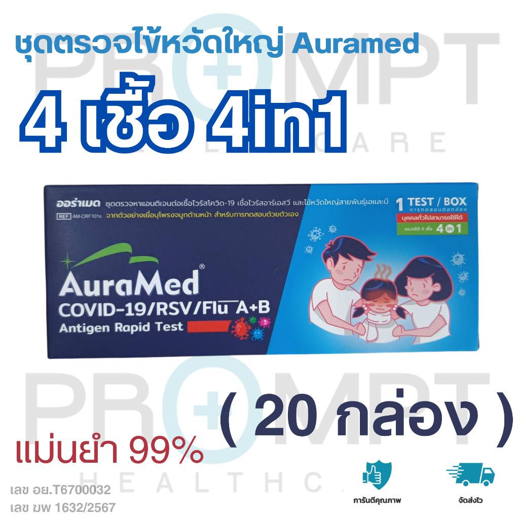 [20 กล่อง][ชุดตรวจ 4in1] AuraMed 4in1 ออร่าเมด ชุดตรวจโควิด, ไข้หวัดใหญ่ A/B, อาร์เอชวี