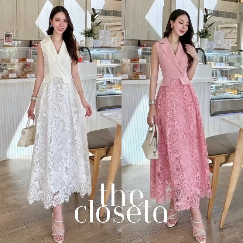 THE CLOSETA : (พร้อมส่ง) LB524 ชุดเดรสคอปกสูทแขนกุดกระโปรงลูกไม้