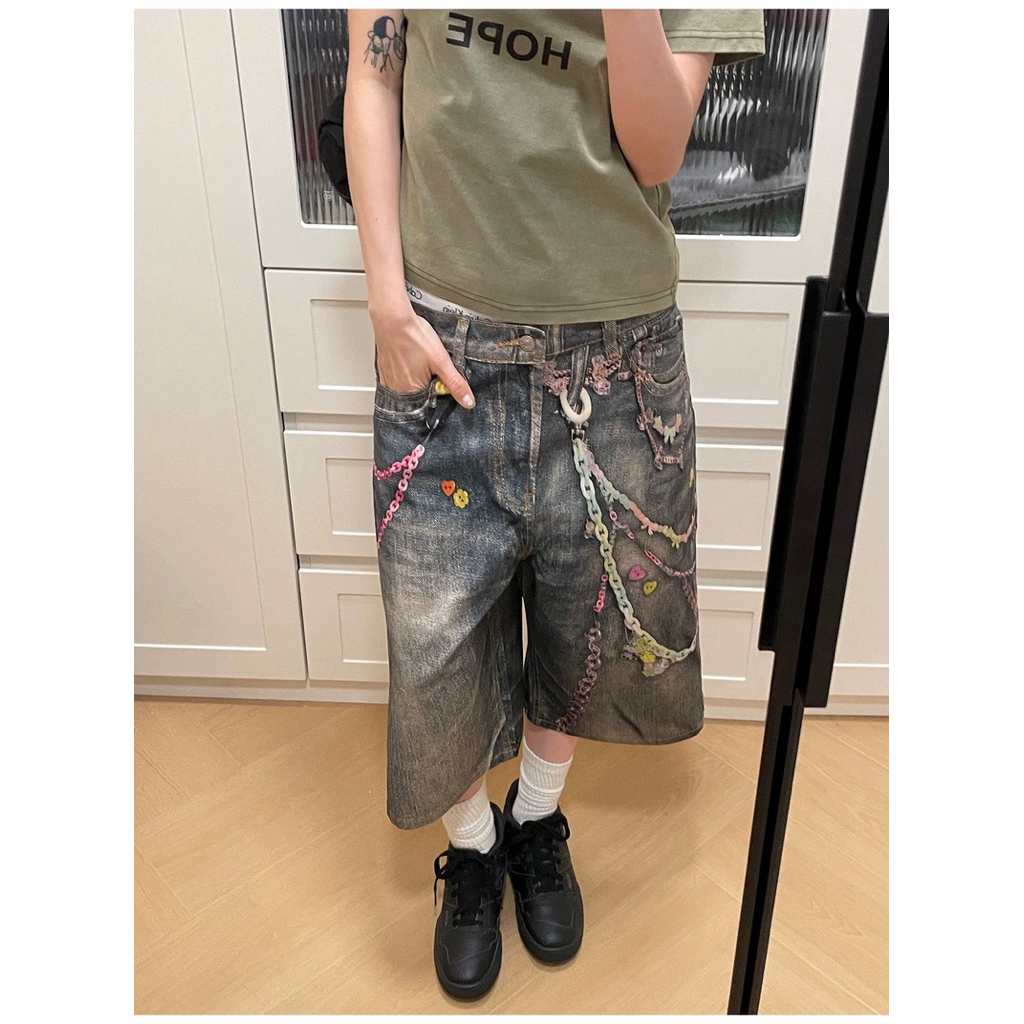 [พร้อมส่ง] Spenzer.street |Color keychain printed jort🖤กางเกงทรงกระบอก เสื้อผ้าสตรีท คุณภาพแน่น ฮิต 