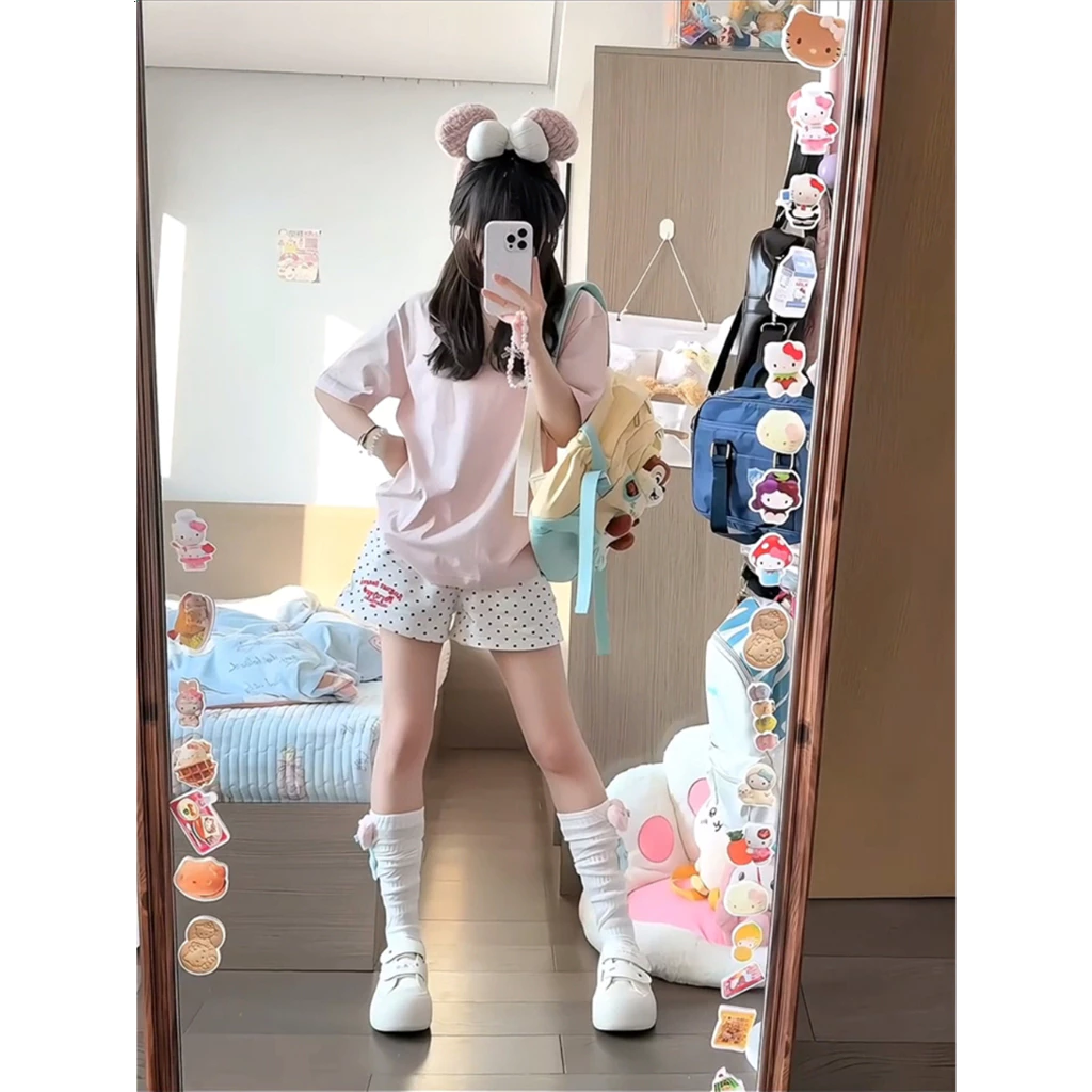 กางเกงขาสั้นลายจุดสีขาว ผู้หญิง เอวสูง ทรงเอไลน์ thumbnail 7