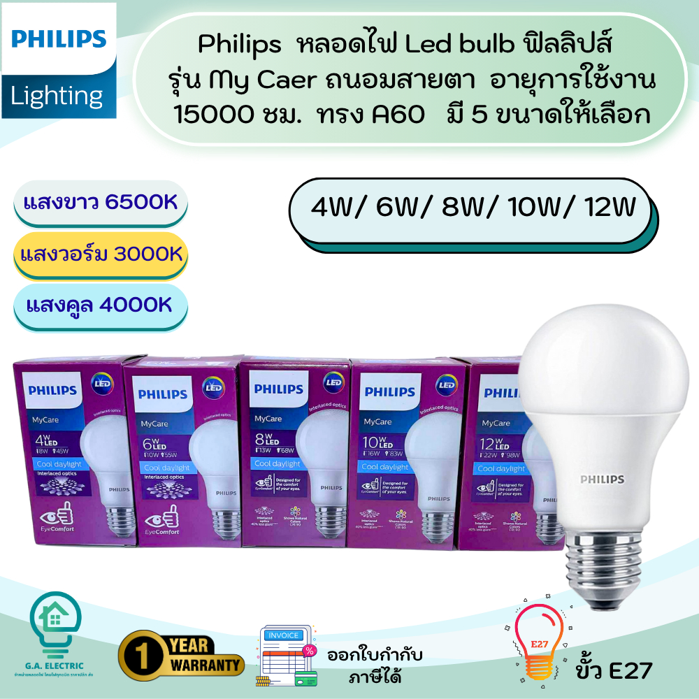 Philips หลอดไฟ LED Bulb ฟิลลิปส์ MyCare 4W 6W 8W 10W 12W ขั้ว E27 (รุ่นกล่องม่วง MyCare EyeComfort ถนอมสายตา 15,000 ชม.)