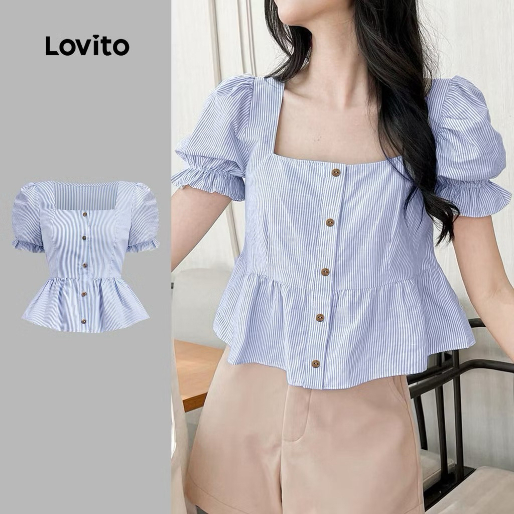 Lovito เสื้อเบลาส์จีบชายระบายลายทางลำลองสำหรับผู้หญิง